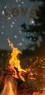 Romantic campfire with stars and 'Love' text.