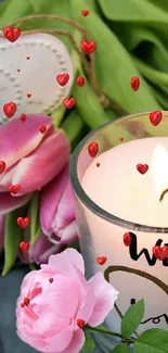 Romantic candle and pink flowers with hearts wallpaper.