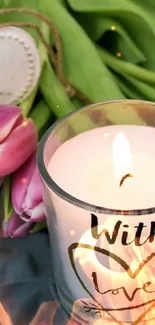 Romantic candle and tulip bouquet wallpaper with green and pink accents.