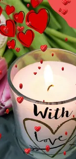 Romantic wallpaper with candle, hearts, and tulips in red and pink hues.