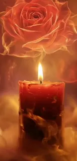 Red candle and glowing rose in soft, ethereal light.