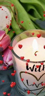 Romantic mobile wallpaper with candle, tulips, and hearts.