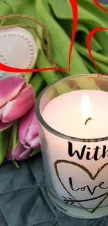 Romantic candle with tulips and hearts wallpaper.