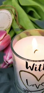 Romantic candle with tulips and heart.