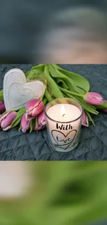 Candle with 'With Love' inscription and pink tulips arrangement.