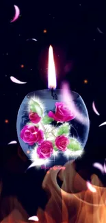 Romantic dark blue wallpaper featuring a candle and pink roses.