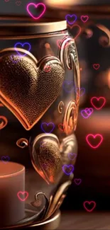 Romantic heart-themed wallpaper with glowing candles.