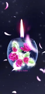 Glowing candle with roses and petals in night scene.