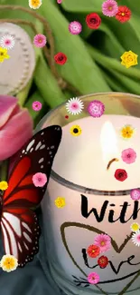 Romantic candle with butterfly and flowers wallpaper.