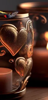 Romantic candle holder with heart design and warm glow.