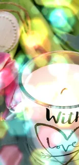 Romantic candle photo with flowers and abstract lights for wallpaper.