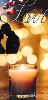 Romantic candlelit wallpaper with silhouette couple and love text.