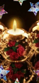 Romantic candlelit rose wallpaper with glowing stars and elegant design.