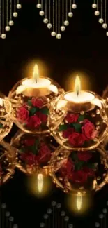 Candlelight reflections with rose accents in an elegant mobile wallpaper.