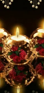 Romantic candlelight with roses in golden hues wallpaper.