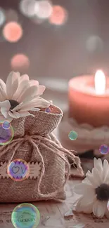 Romantic candlelight with flowers and burlap.