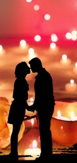 Silhouette of couple with glowing candles in vibrant background.