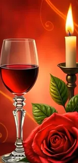 Romantic wallpaper with candle, wine, and rose.