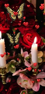 Romantic wallpaper with roses, candles, and butterflies creating an elegant atmosphere.