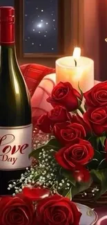 Romantic scene with candles and roses.