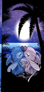 Blue and pink cartoon creatures on a moonlit beach.