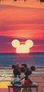 Romantic sunset with cartoon characters on the beach.