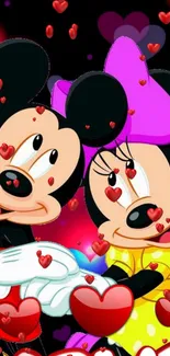 Cartoon couple with hearts, vibrant and colorful wallpaper.