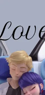 Cartoon couple in airplane with 'Love' text on wallpaper.