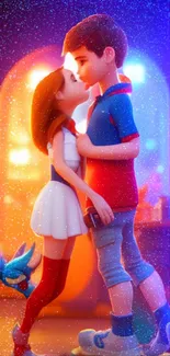 Animated couple embracing in colorful, vibrant scenery.