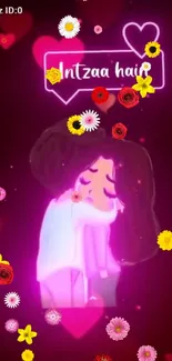 Romantic cartoon couple embracing in a flower-filled, neon-lit scene.