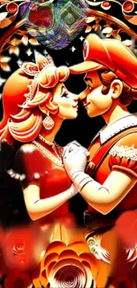 Romantic cartoon couple wallpaper with vibrant oranges and artistic flair.