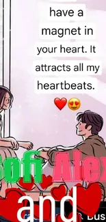 Romantic cartoon couple with heartfelt message and hearts.