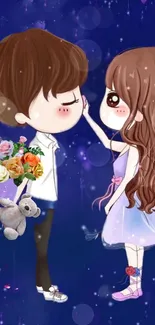 Cute animated couple with flowers and a teddy bear on a dark blue background.