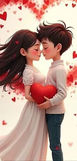 Romantic cartoon couple with heart backdrop.