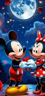 Romantic cartoon couple under moonlight with stars and red roses.