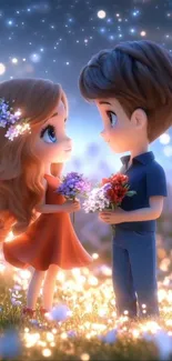Adorable cartoon couple under a starry sky with flowers.