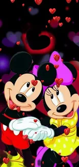 Cartoon couple holding hands with hearts background.