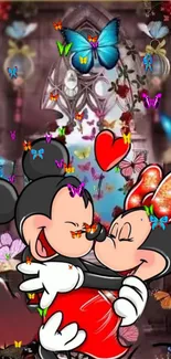 Romantic cartoon couple embraced under butterflies.