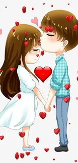 Cartoon couple holding hands with hearts floating around on a white background.