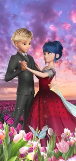 Romantic cartoon couple dancing amidst tulips at sunset.