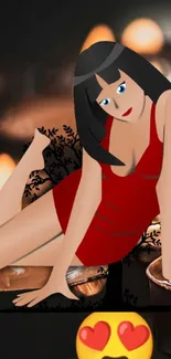 Cartoon girl in red dress amidst candles.