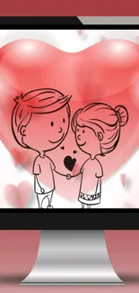 Cute cartoon couple with heart design background for mobile wallpaper.