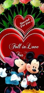 Mickey and Minnie embrace with hearts and roses in a vibrant love theme.