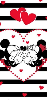 Romantic cartoon characters in heart design with red and black stripes.