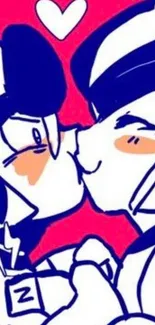 Cartoon characters sharing a kiss with a red background.