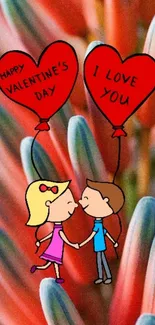 Romantic cartoon couple with heart balloons on floral background.