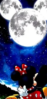 Cartoon couple under a full moonlit starry sky.