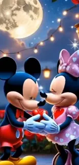 Romantic cartoon characters under a moonlit sky.