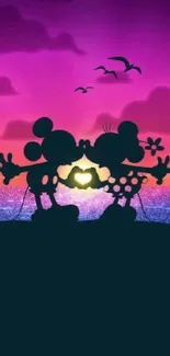 Silhouette of cartoon characters at sunset with a purple sky.