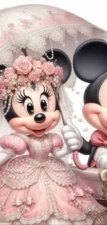 Romantic cartoon characters in wedding attire with pink floral accents.
